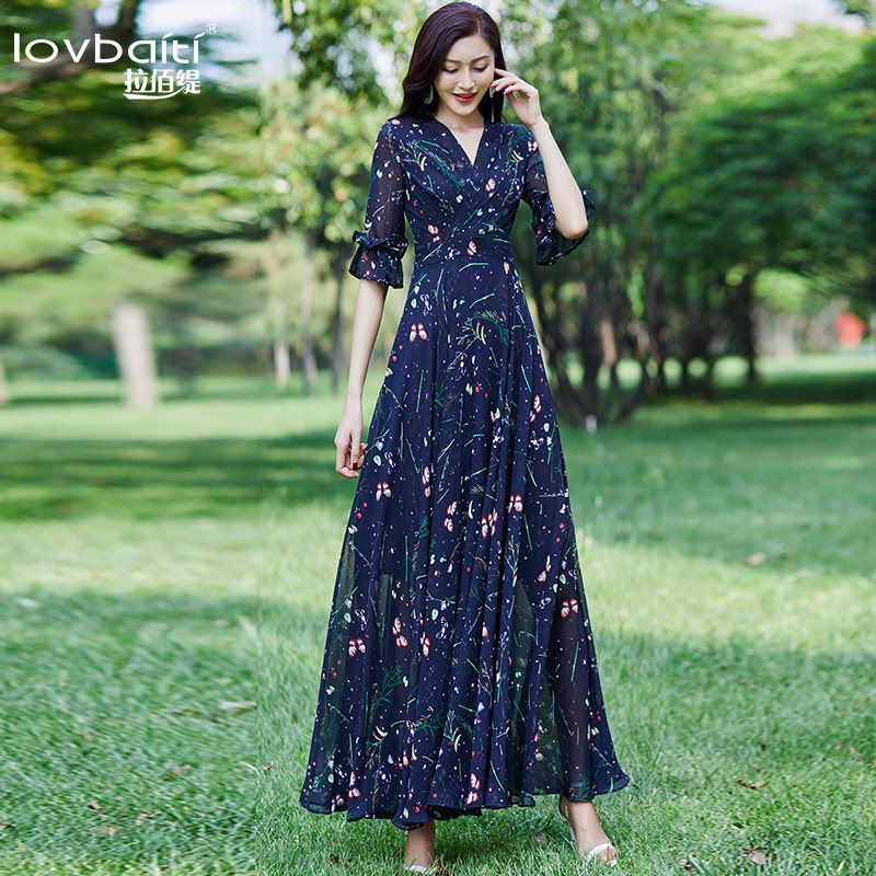 雪纺碎花2020新款夏荷叶袖气质长裙 拉佰缇连衣裙