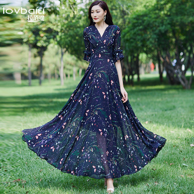 雪纺碎花2020新款夏荷叶袖气质长裙 拉佰缇连衣裙