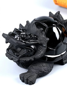 正品天然黑曜石龙头龟摆件家居装饰品办公店铺开业礼品黑水晶龙龟