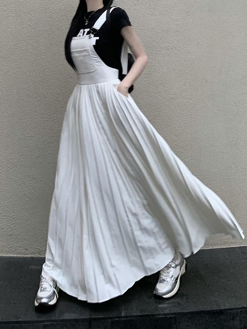 白色连衣裙女装夏季无袖收腰背带裙子韩版小众露背长裙法式百褶裙