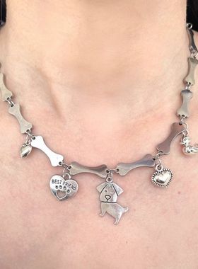 日韩冷淡风骨头小狗爱心钛钢项链女小众ins风潮酷金属朋克锁骨链