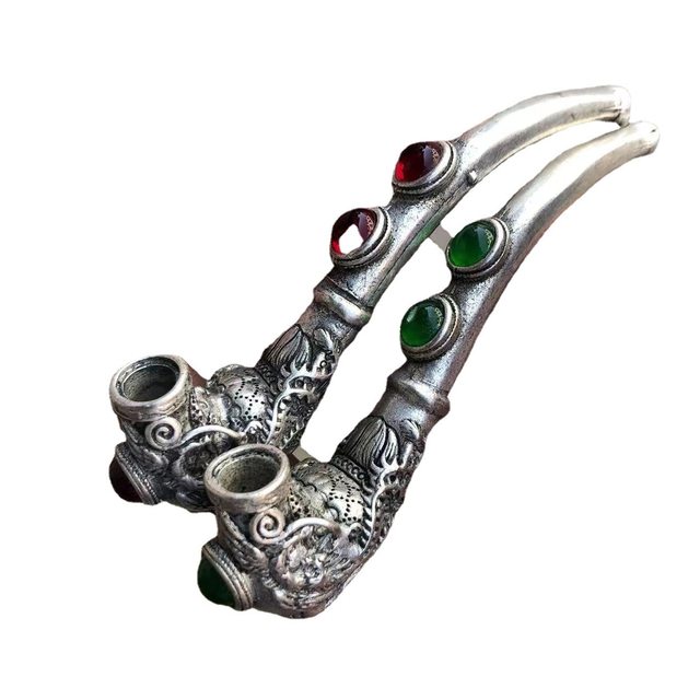 Antiques and miscellaneous Tibetan silver pipes ethnic style retro old white silver-plated inlaid gemstone cigarette holder toy piece copper