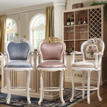 Bar KTV Solid Wood High Footstool Eurostyle Bar Chair Beauty Salon Backrest Genuine Leather Sculpture Flower Bar Chair