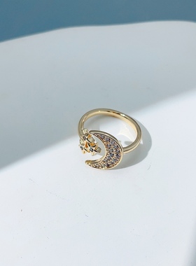 铜镀14k包金微镶星月开口戒指时尚简约百搭指环满钻