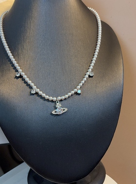 设计师款土星珍珠项链女轻奢高级感锆石吊坠锁骨链