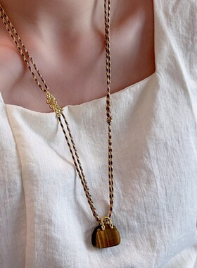 王玉雯同款虎眼石包包编织项链小众高级感编绳中古玉石毛衣链