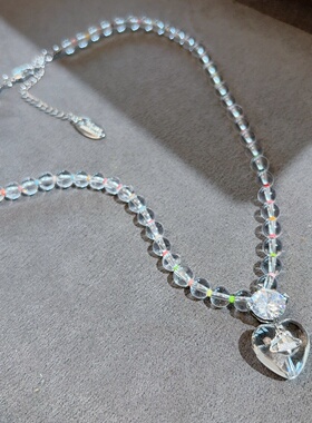 韩式ins风水晶爱心吊坠项链女小众轻奢透明珠珠链锁骨链
