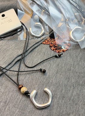 中式复古银色开口圆圈吊坠皮绳长款毛衣链时尚气质项链配饰