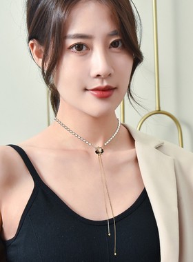 气质新款山茶花珍珠流苏项链女潮轻奢高级感吊坠抽拉锁骨链配饰品