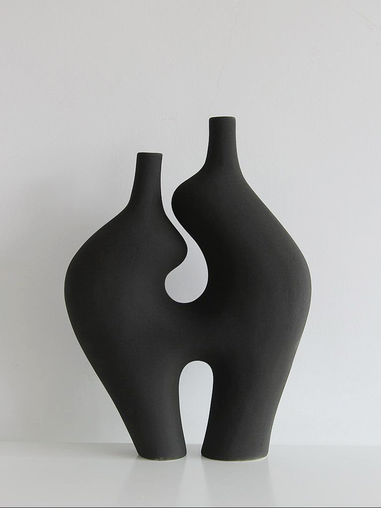 侘寂风磨砂陶瓷抽象几何摆件 花插花器中古现代艺术民宿花瓶花瓶