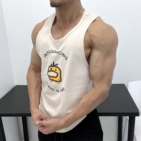 Pure cotton fabric vest muscular men's summer round collar