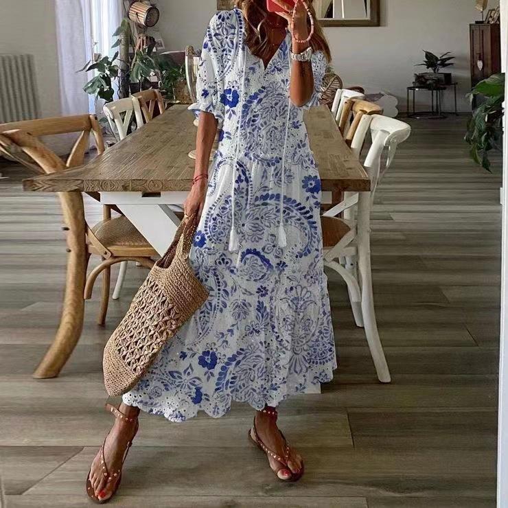 Casual sweet V-neck printed suspender short sleeve dress - 图2