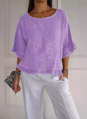 Women's short sleeved round neck solid color loose fit shirt