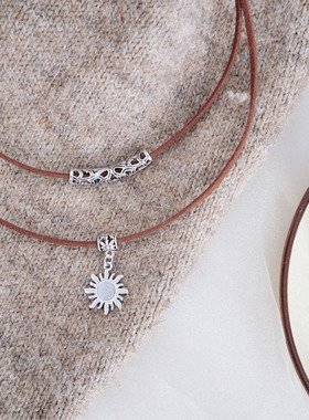 复古民族风浮雕太阳吊坠双层项链棕色项圈choker锁骨链女跨境饰品