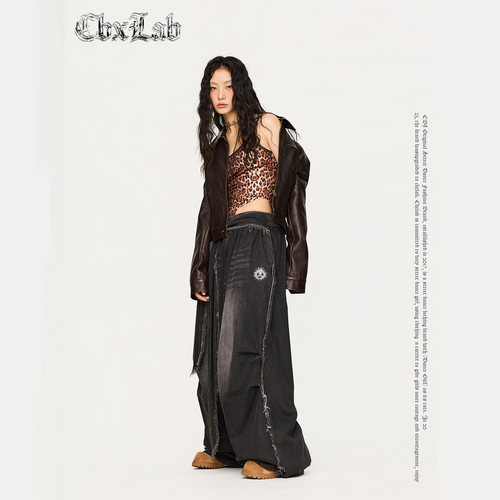 CBXLAB街舞潮牌黑色复古显瘦毛边做牛仔长裤美式小众跳舞休闲裤潮 - 图1