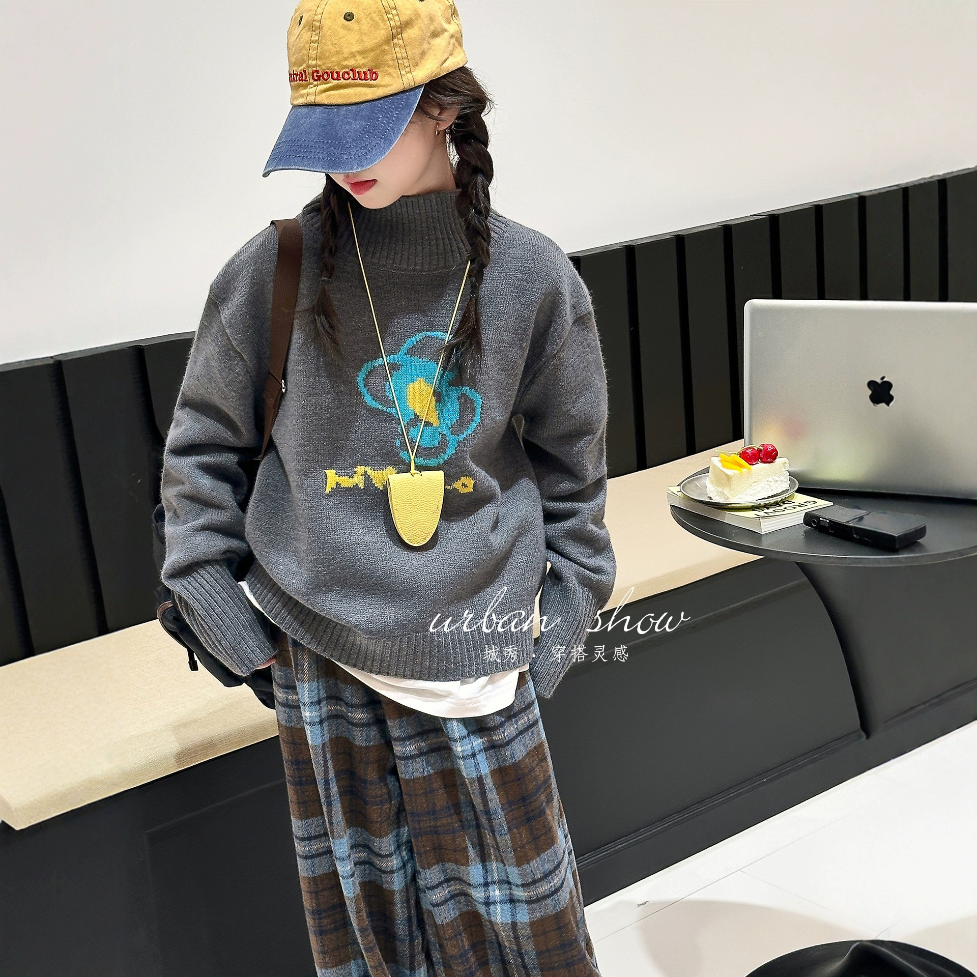 女童秋装套装2025秋冬新款儿童高领套头毛衣格子毛呢阔腿裤两件套 - 图2