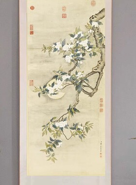 清人绘 梨花月夜图真迹精准复制可选装裱唯美挂画