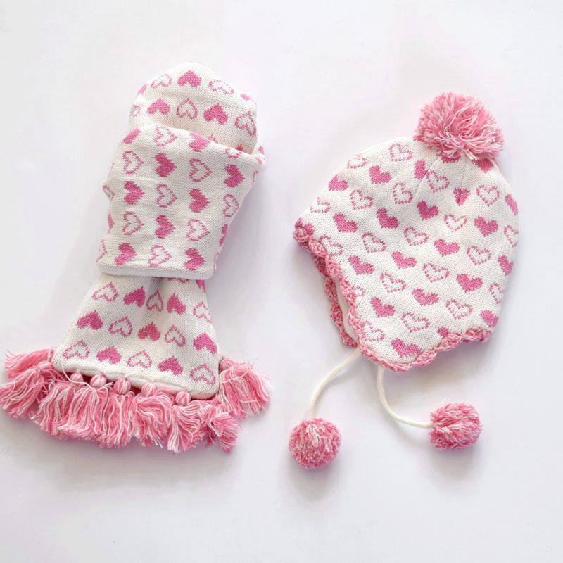 秋冬女童加绒保暖护耳帽女宝宝白色爱心摇粒绒针织线帽子围巾套件,淘宝优惠券,粉丝福利购,淘宝优惠卷