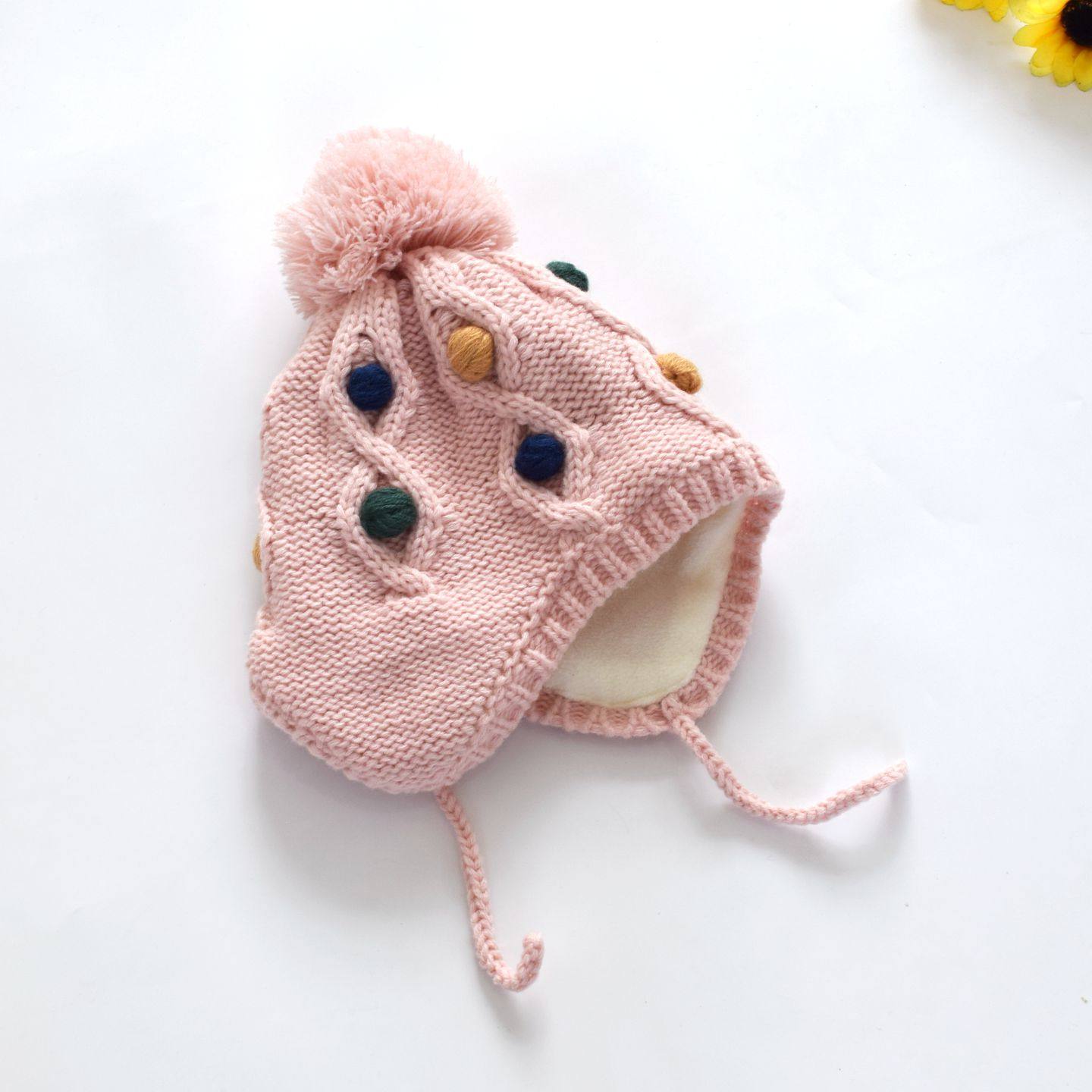 秋冬女童加绒帽针织毛线帽女童彩色球装饰系带护耳帽可爱保暖帽子,淘宝优惠券,粉丝福利购,淘宝优惠卷