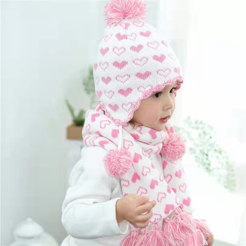 秋冬女童加绒保暖护耳帽女宝宝白色爱心摇粒绒针织线帽子围巾套件,淘宝优惠券,粉丝福利购,淘宝优惠卷