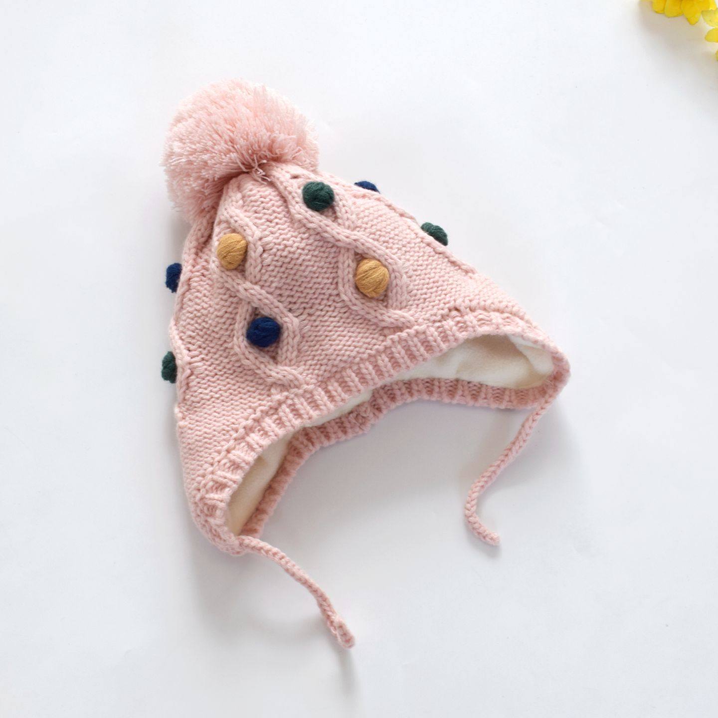 秋冬女童加绒帽针织毛线帽女童彩色球装饰系带护耳帽可爱保暖帽子,淘宝优惠券,粉丝福利购,淘宝优惠卷