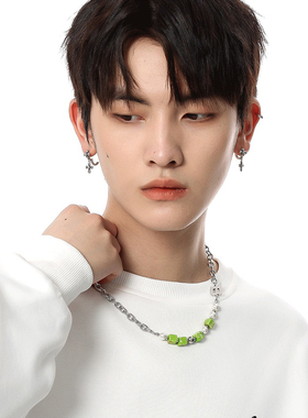 绿色方块拼接珍珠情侣潮牌项链