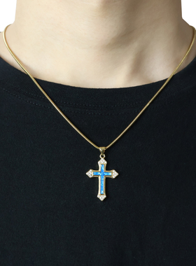 镶钻澳宝金色十字架吊坠情侣项链
