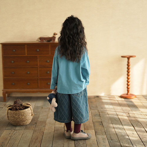 砚台家童装韩版女童七分牛仔裤儿童阔腿靴裤宝宝格子裤子春季蓝色 - 图0