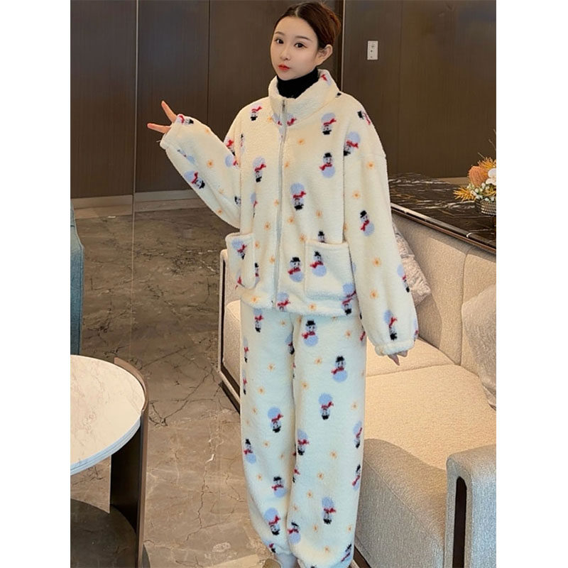 卡通雪人珊瑚绒睡衣套装女秋冬新款加厚保暖立领拉链居家服两件套,淘宝优惠券,粉丝福利购,淘宝优惠卷