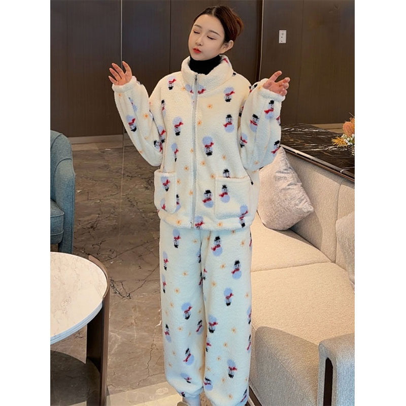 卡通雪人珊瑚绒睡衣套装女秋冬新款加厚保暖立领拉链居家服两件套,淘宝优惠券,粉丝福利购,淘宝优惠卷