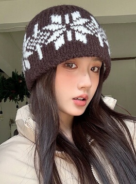 复古雪花针织冷帽女韩版白色大头围毛线帽子秋冬百搭显脸小时尚帽