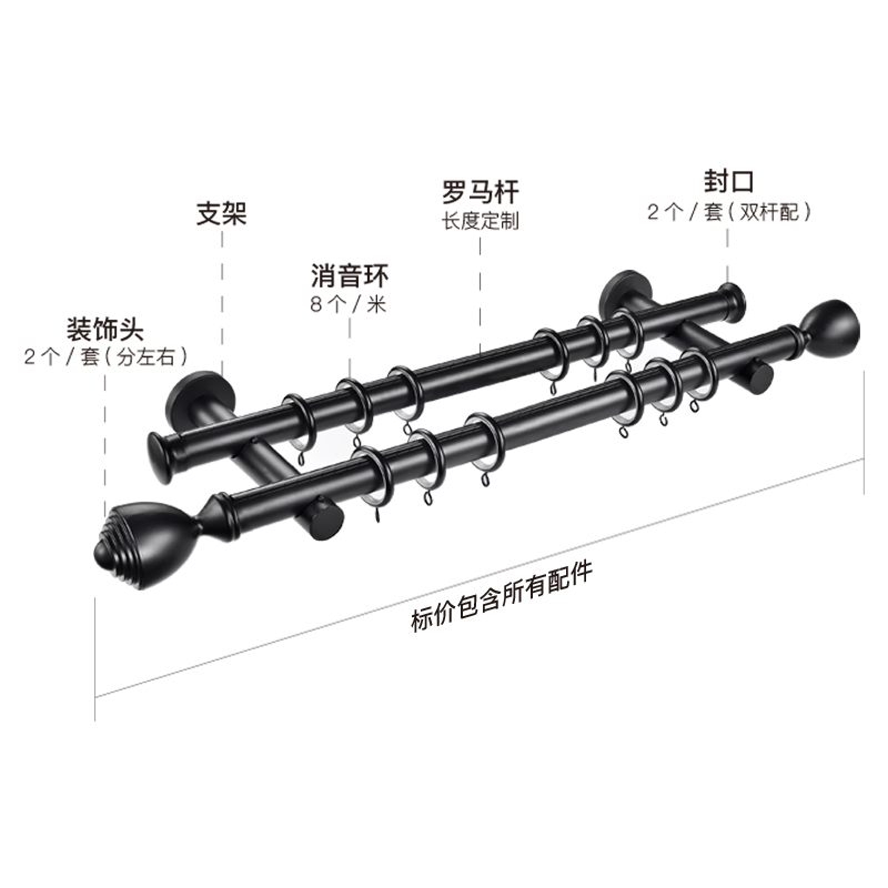 北欧罗马杆窗帘杆简约现代黑色白色单杆双杆静音窗帘轨道配件齐全