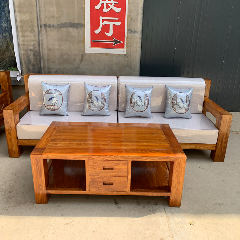 纯实木沙发三人茶几组合直排沙发3米老榆木沙发办公小户型沙发 - 图0