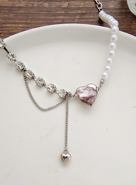 法式唯美粉色爱心项链珍珠