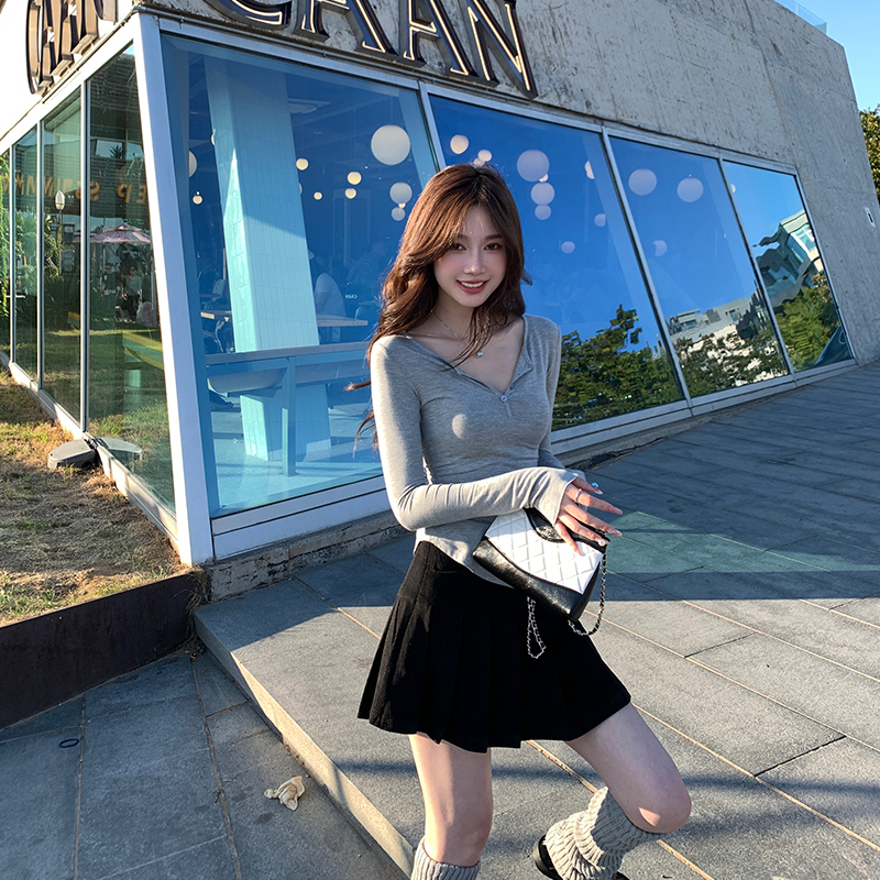 alex stevens辣妹修身半开领T恤女秋季显瘦设计感内搭打底衫上衣 - 图2