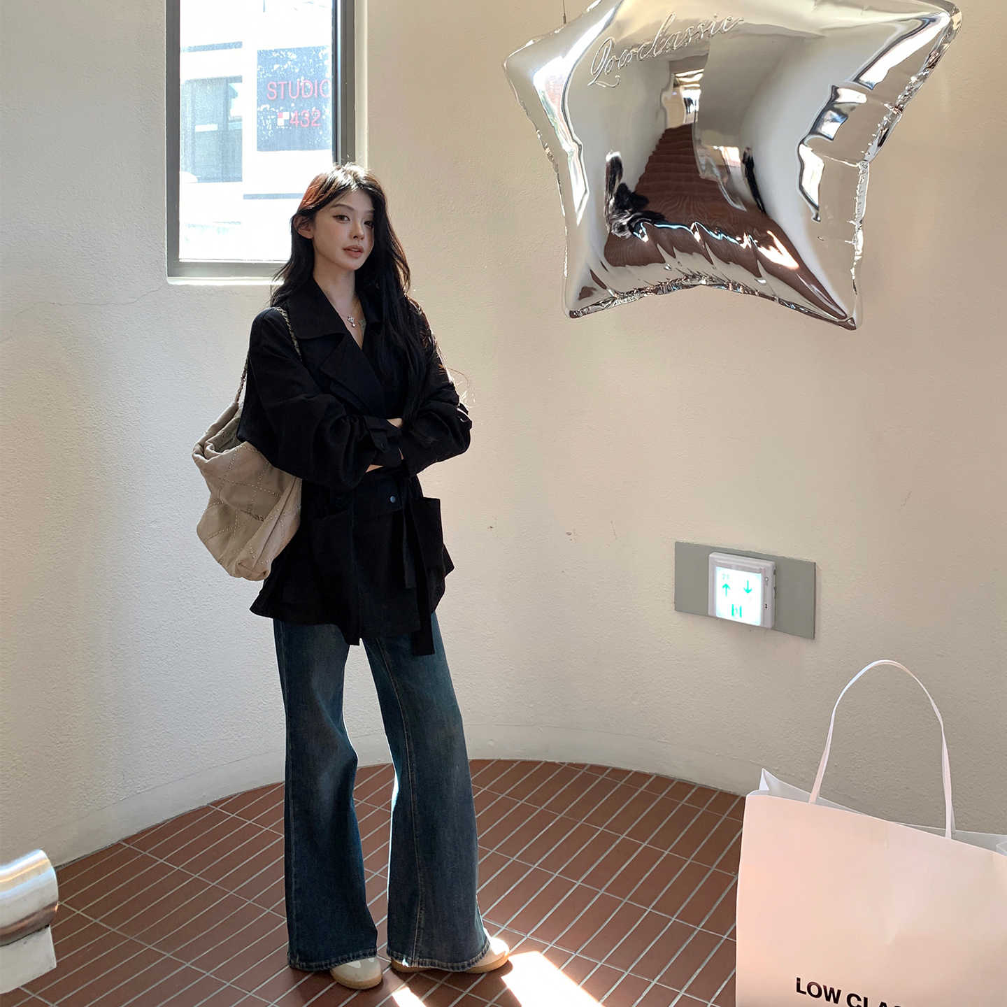 alex stevens复古蓝色微喇牛仔裤女冬季高腰显瘦阔腿裤喇叭长裤子 - 图1