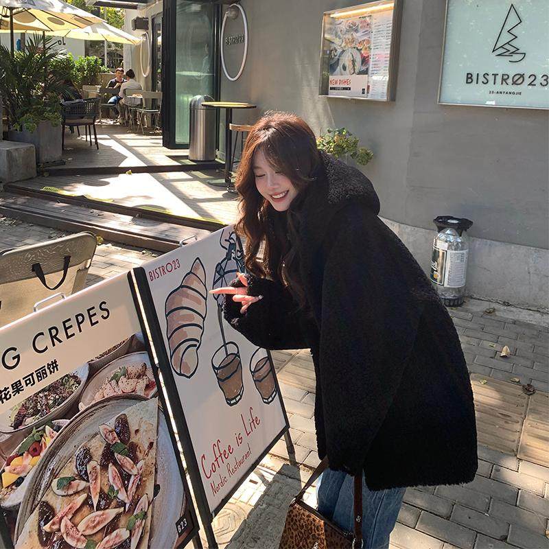 alex stevens 颗粒绒羊羔毛外套连帽女冬季宽松加厚黑色毛毛外套,淘宝优惠券,粉丝福利购,淘宝优惠卷