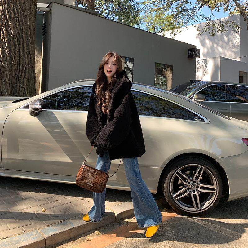 alex stevens 颗粒绒羊羔毛外套连帽女冬季宽松加厚黑色毛毛外套,淘宝优惠券,粉丝福利购,淘宝优惠卷