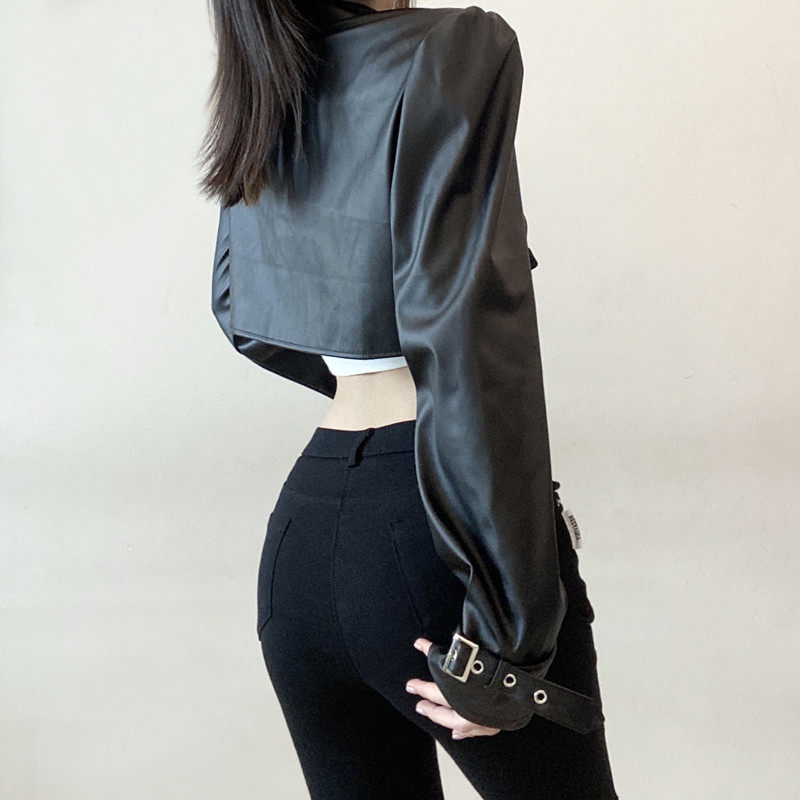 WEEKEEP 炫酷黑色机车服上衣金属扣绑带皮衣女PU皮帅气百搭短外套,淘宝优惠券,粉丝福利购,淘宝优惠卷