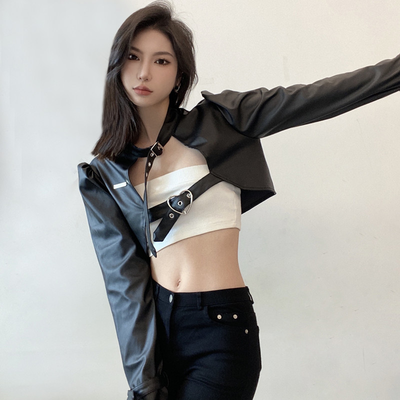 WEEKEEP 炫酷黑色机车服上衣金属扣绑带皮衣女PU皮帅气百搭短外套,淘宝优惠券,粉丝福利购,淘宝优惠卷
