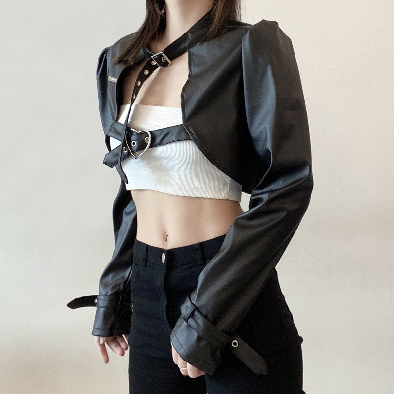 WEEKEEP 炫酷黑色机车服上衣金属扣绑带皮衣女PU皮帅气百搭短外套,淘宝优惠券,粉丝福利购,淘宝优惠卷