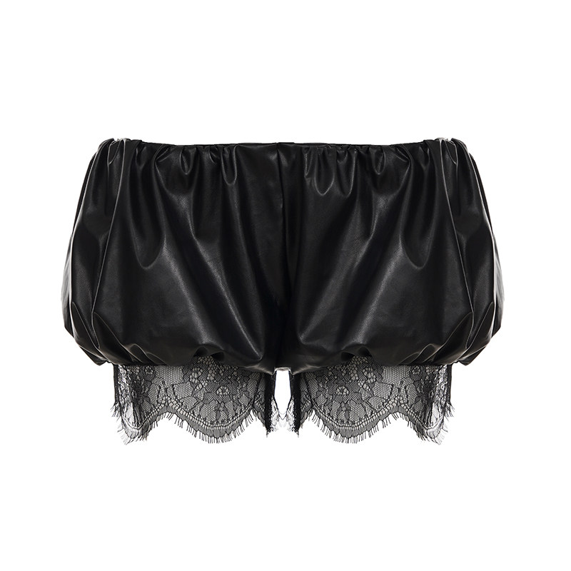 WEEKEEP 街头辣妹暗黑风蕾丝拼接拉链花苞皮裤低腰显瘦超短裙裤,淘宝优惠券,粉丝福利购,淘宝优惠卷