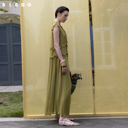 Siego西蔻柔软珠光条纹料度假风轻透荷叶边连衣裙64433334 - 图1