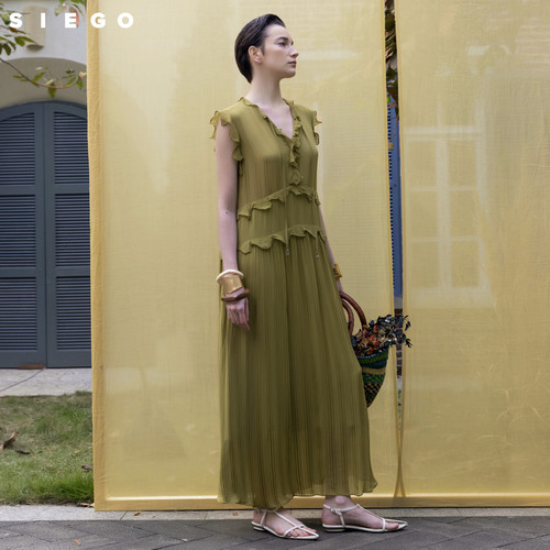 Siego西蔻柔软珠光条纹料度假风轻透荷叶边连衣裙64433334 - 图2