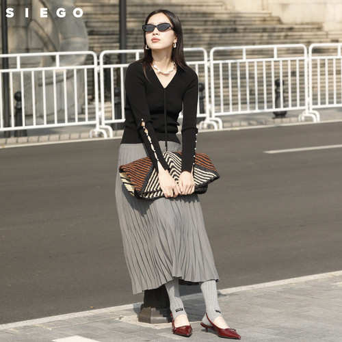 Siego西蔻A字日常度假通勤手工立体褶压褶百褶伞裙64512504 - 图3