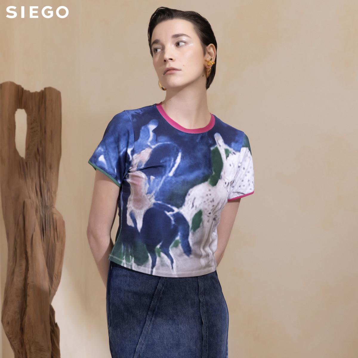 Siego西蔻截短款个性水墨印花撞色边短袖T恤64435208 - 图0