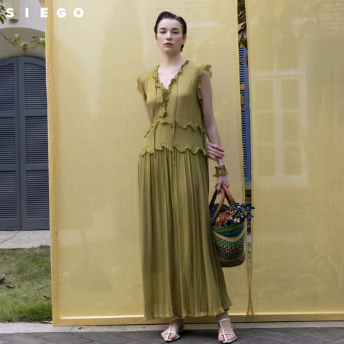 Siego西蔻柔软珠光条纹料度假风轻透荷叶边连衣裙64433334 - 图3