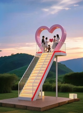 户外不锈钢爱心造型楼梯打卡拍照