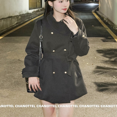 BULE蓝色星球秋冬季厚款围脖设计感轻熟风港味呢子大衣毛呢外套女 - 图0