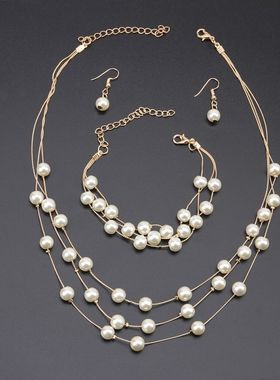 韩版时尚珍珠项链手链耳环套装女三件套珍珠项链饰品个性气质百搭